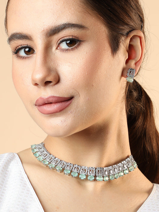 SILVER PLATED AMERICAN DIAMOND AND DESIGNER STONE NECKLACE AND EARRING SET