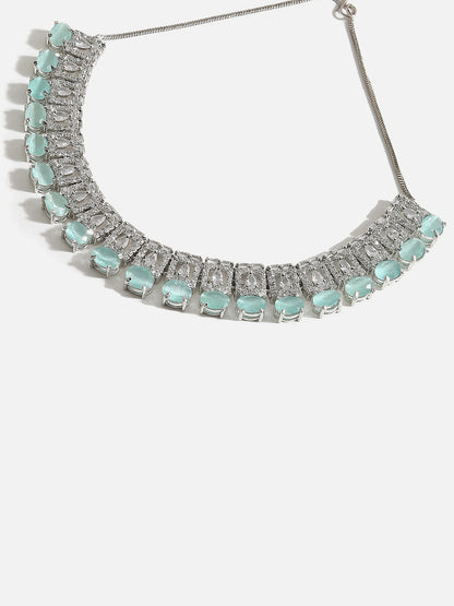 SILVER PLATED AMERICAN DIAMOND AND DESIGNER STONE NECKLACE AND EARRING SET