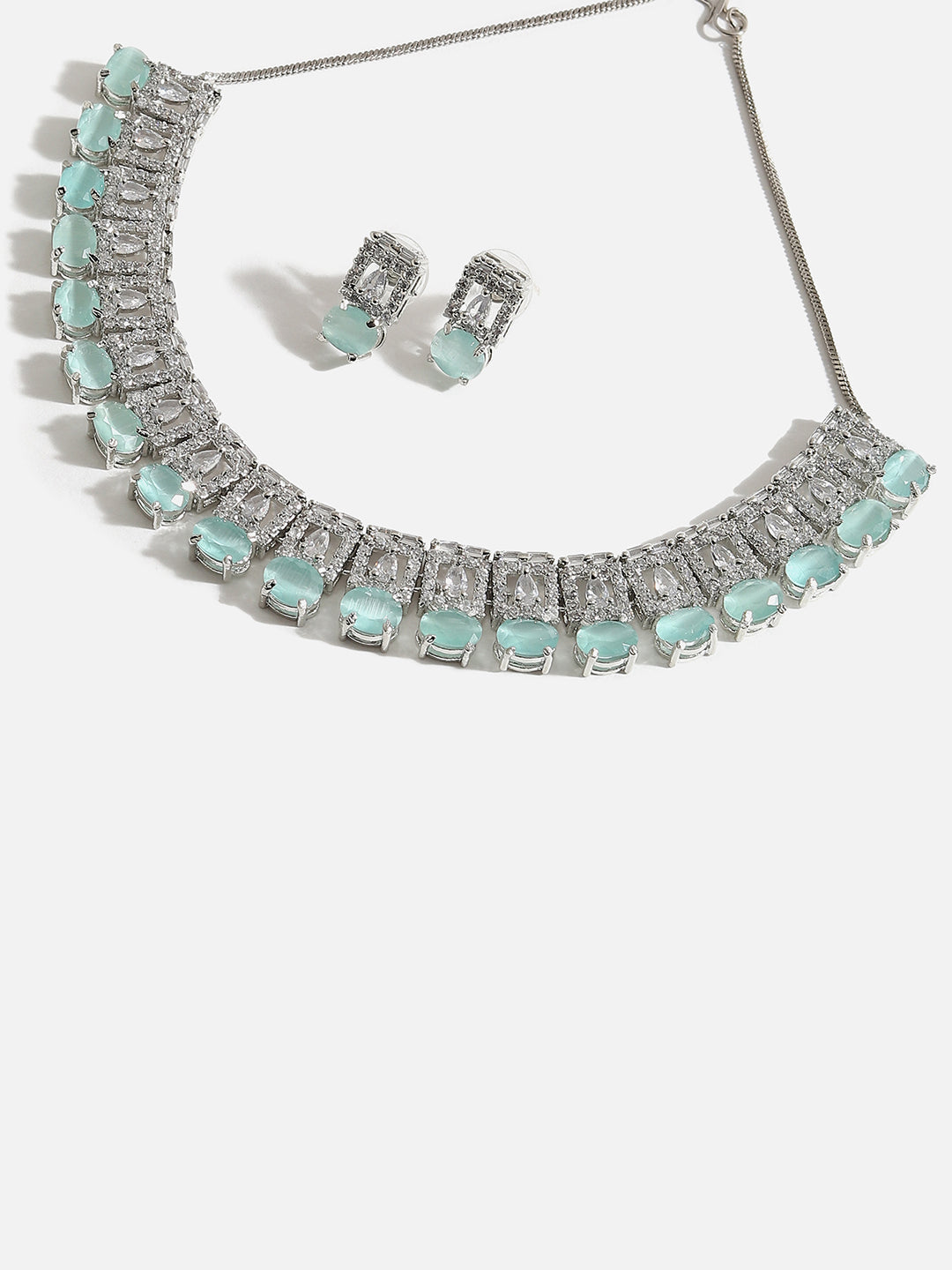 SILVER PLATED AMERICAN DIAMOND AND DESIGNER STONE NECKLACE AND EARRING SET