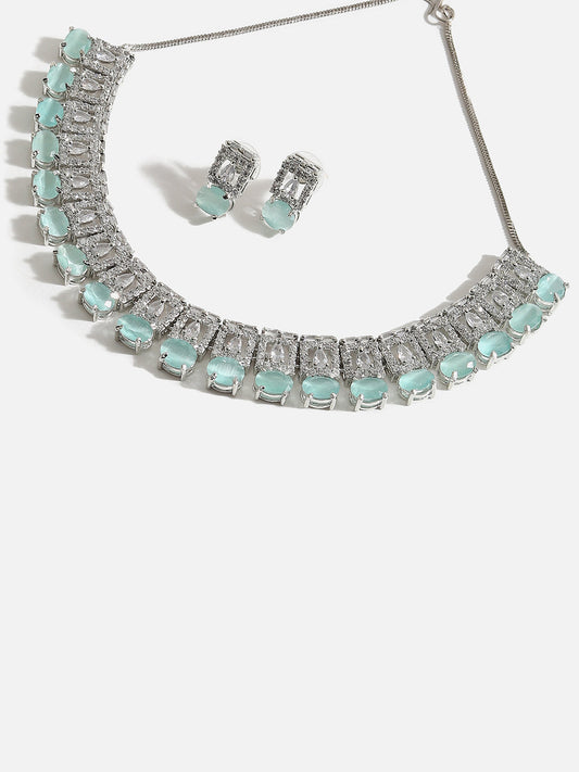 SILVER PLATED AMERICAN DIAMOND AND DESIGNER STONE NECKLACE AND EARRING SET