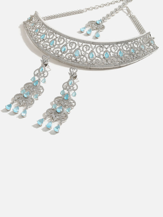 SILVER PLATED AMERICAN DIAMOND AND DESIGNER STONE NECKLACE AND EARRING SET