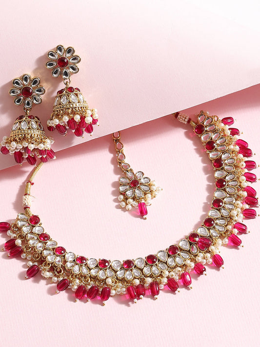 SOHI RED STONES GOLD PLATED JEWELLERY SET