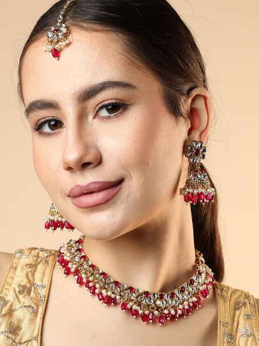 SOHI RED STONES GOLD PLATED JEWELLERY SET