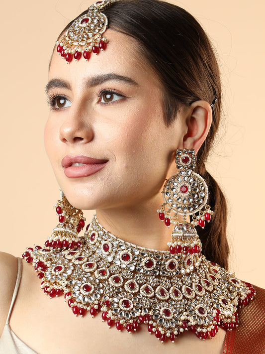 SOHI RED STONES GOLD PLATED JEWELLERY SET