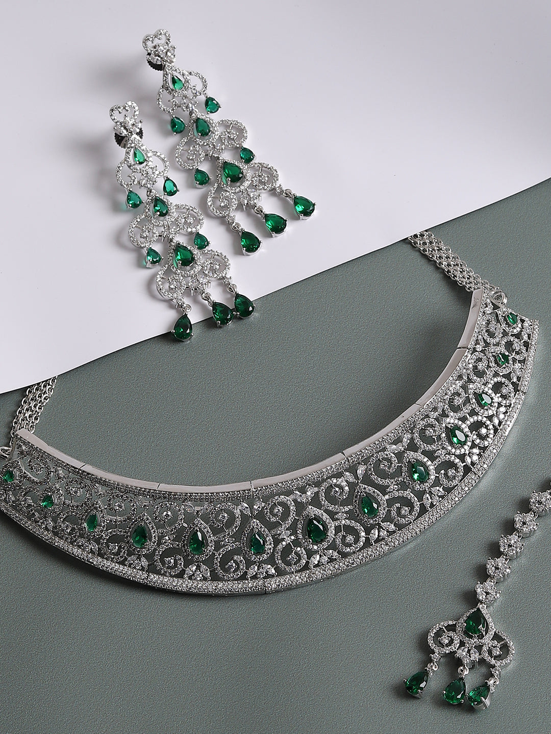 SILVER PLATED AMERICAN DIAMOND AND DESIGNER STONE NECKLACE AND EARRING SET