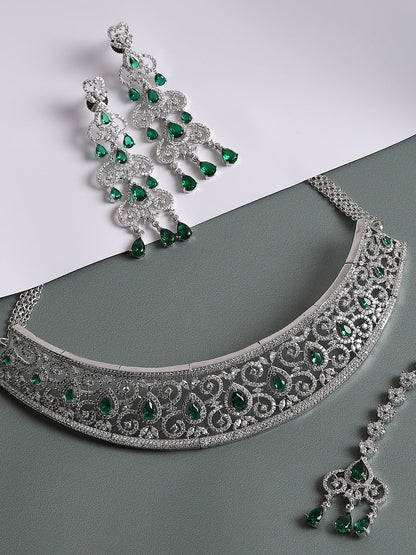 SILVER PLATED AMERICAN DIAMOND AND DESIGNER STONE NECKLACE AND EARRING SET