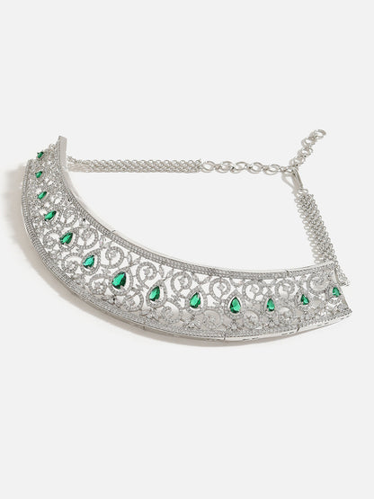 SILVER PLATED AMERICAN DIAMOND AND DESIGNER STONE NECKLACE AND EARRING SET