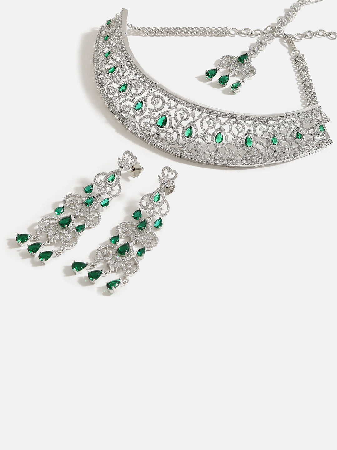 SILVER PLATED AMERICAN DIAMOND AND DESIGNER STONE NECKLACE AND EARRING SET