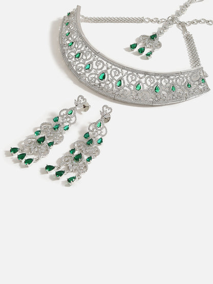 SILVER PLATED AMERICAN DIAMOND AND DESIGNER STONE NECKLACE AND EARRING SET