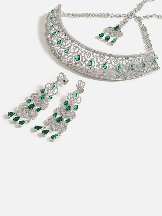 SILVER PLATED AMERICAN DIAMOND AND DESIGNER STONE NECKLACE AND EARRING SET