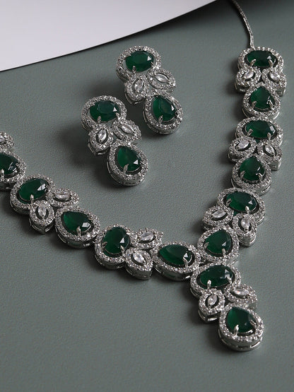 SILVER PLATED AMERICAN DIAMOND AND DESIGNER STONE NECKLACE AND EARRING SET