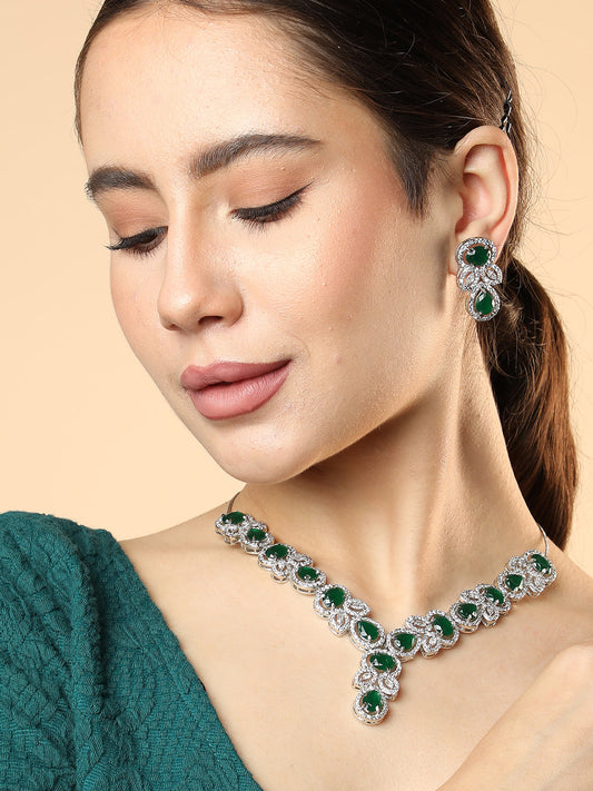 SILVER PLATED AMERICAN DIAMOND AND DESIGNER STONE NECKLACE AND EARRING SET