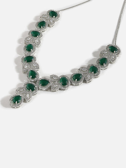 SILVER PLATED AMERICAN DIAMOND AND DESIGNER STONE NECKLACE AND EARRING SET