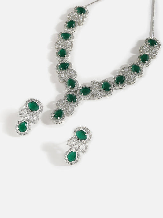 SILVER PLATED AMERICAN DIAMOND AND DESIGNER STONE NECKLACE AND EARRING SET