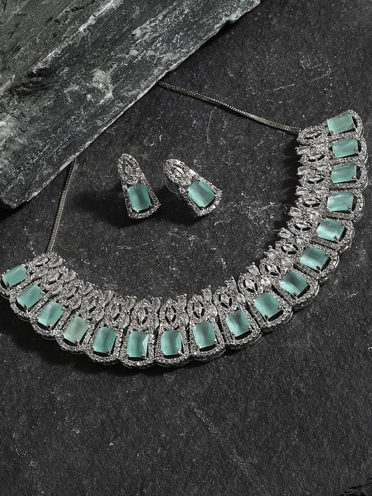 SILVER PLATED AMERICAN DIAMOND AND DESIGNER STONE NECKLACE AND EARRING SET