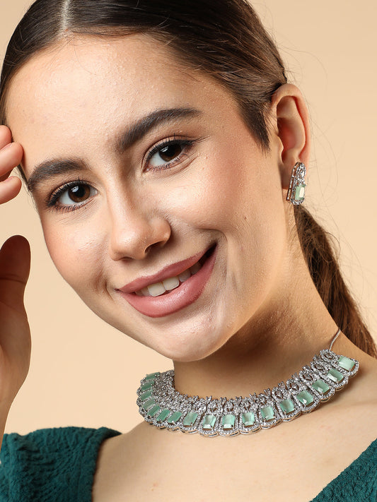 SILVER PLATED AMERICAN DIAMOND AND DESIGNER STONE NECKLACE AND EARRING SET