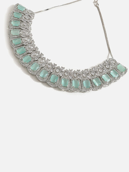 SILVER PLATED AMERICAN DIAMOND AND DESIGNER STONE NECKLACE AND EARRING SET