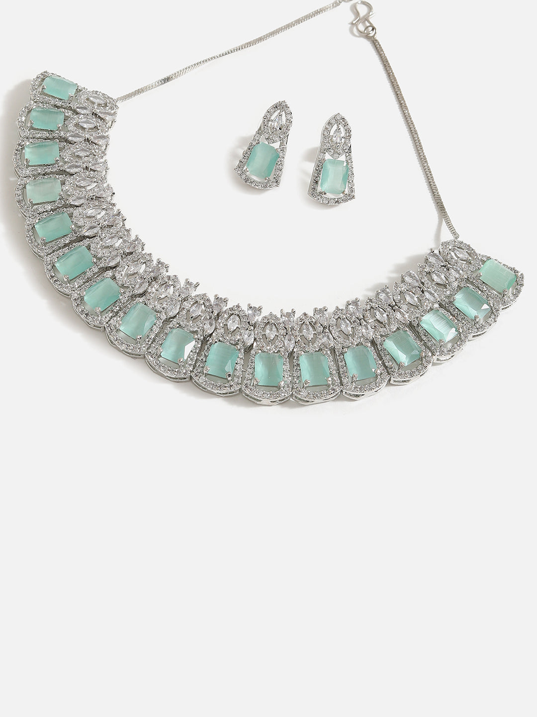 SILVER PLATED AMERICAN DIAMOND AND DESIGNER STONE NECKLACE AND EARRING SET