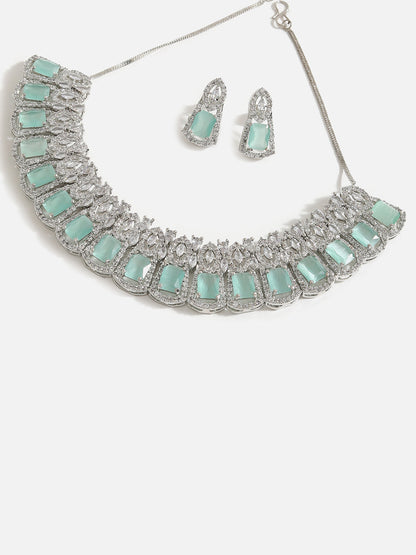 SILVER PLATED AMERICAN DIAMOND AND DESIGNER STONE NECKLACE AND EARRING SET