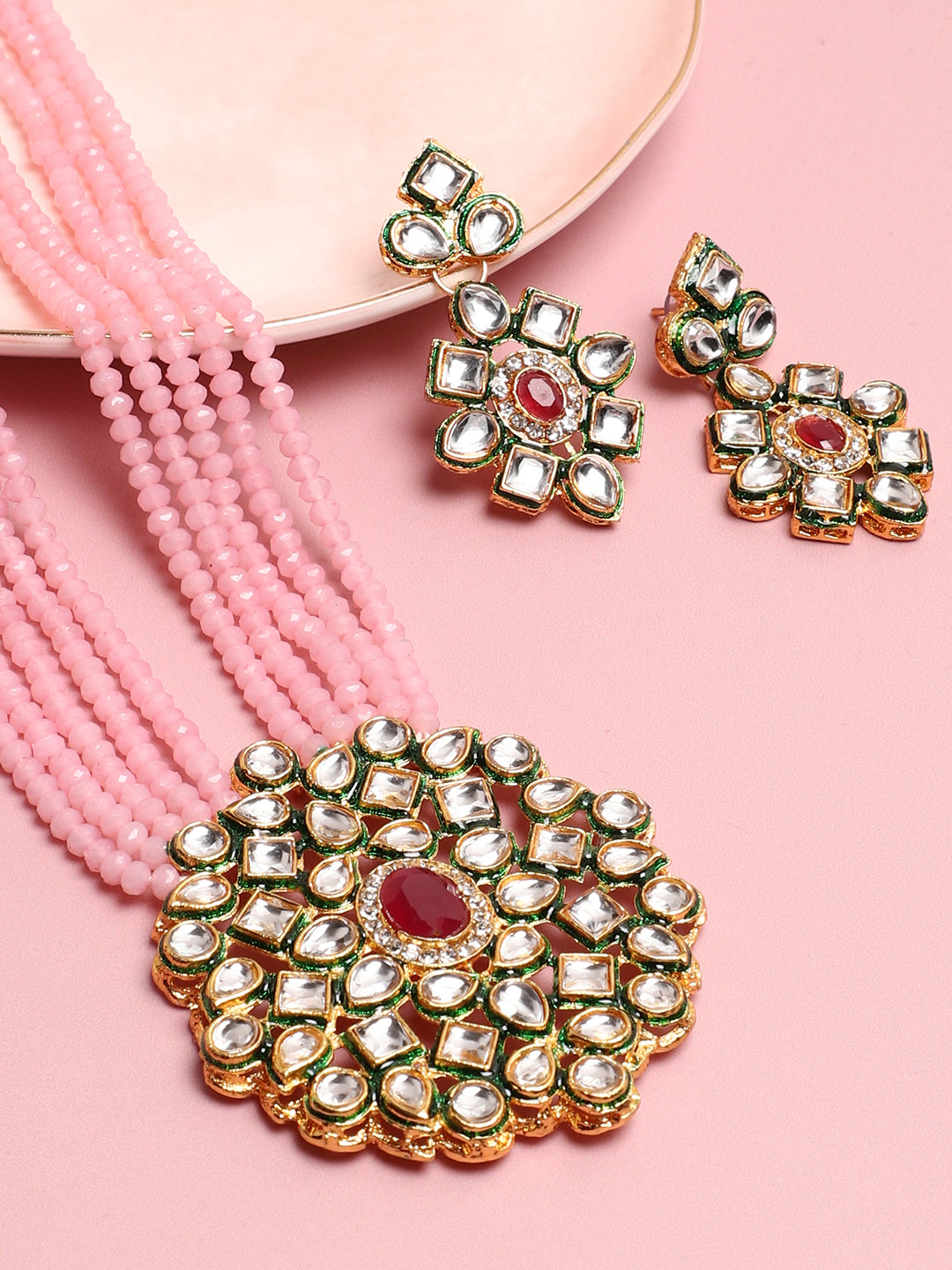SOHI PINK BEADS KUNDAN JEWELLERY SET