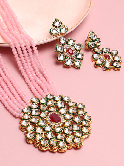 SOHI PINK BEADS KUNDAN JEWELLERY SET