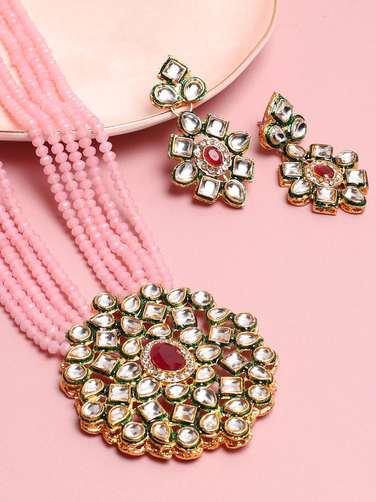 SOHI PINK BEADS KUNDAN JEWELLERY SET