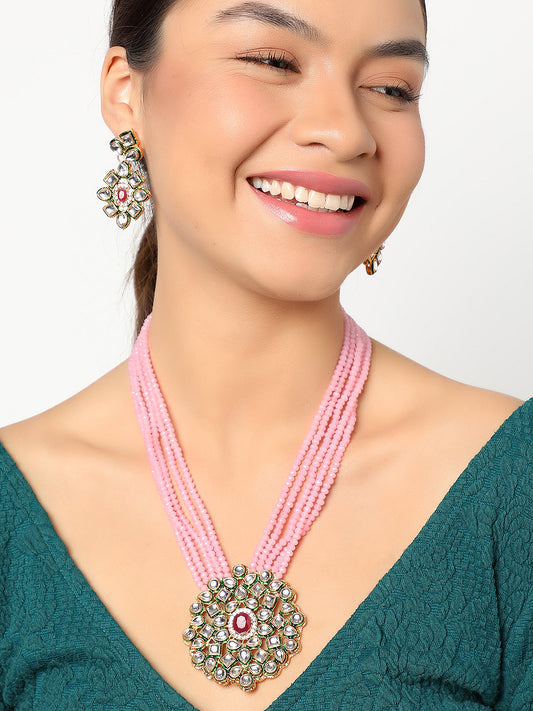 SOHI PINK BEADS KUNDAN JEWELLERY SET