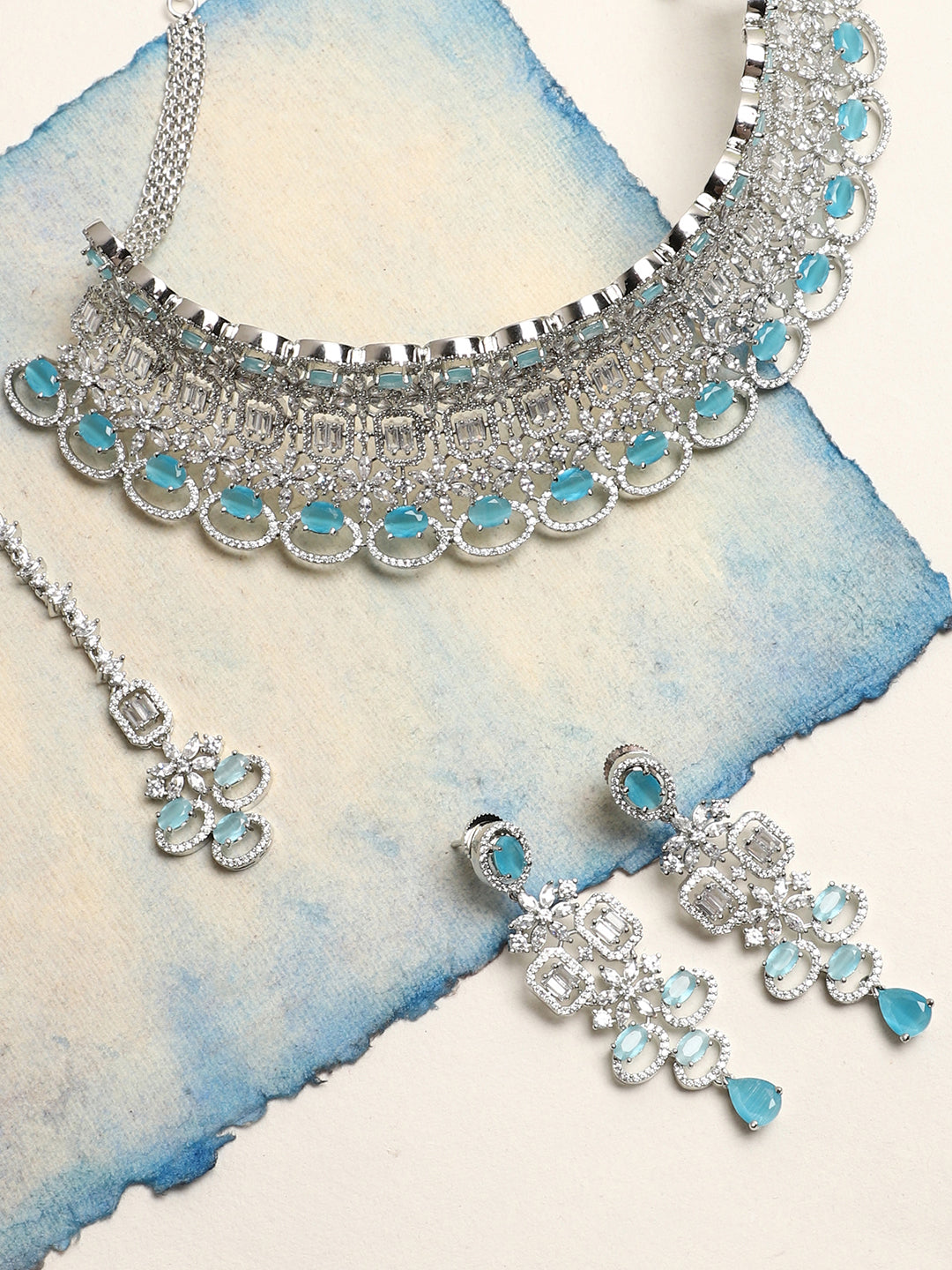 SILVER PLATED AMERICAN DIAMOND AND DESIGNER STONE NECKLACE AND EARRING SET