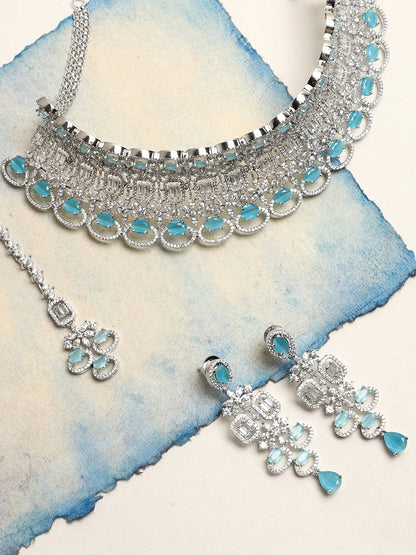 SILVER PLATED AMERICAN DIAMOND AND DESIGNER STONE NECKLACE AND EARRING SET