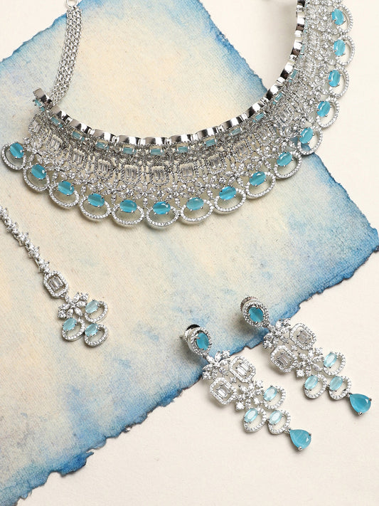 SILVER PLATED AMERICAN DIAMOND AND DESIGNER STONE NECKLACE AND EARRING SET