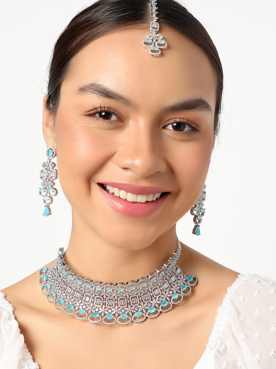 SILVER PLATED AMERICAN DIAMOND AND DESIGNER STONE NECKLACE AND EARRING SET