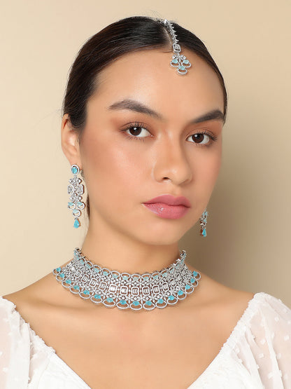 SILVER PLATED AMERICAN DIAMOND AND DESIGNER STONE NECKLACE AND EARRING SET