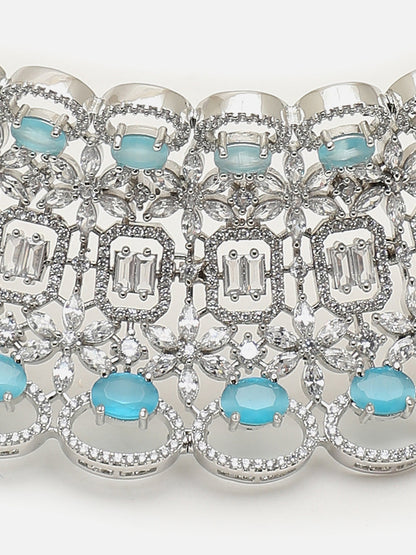 SILVER PLATED AMERICAN DIAMOND AND DESIGNER STONE NECKLACE AND EARRING SET