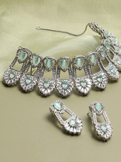 SILVER PLATED AMERICAN DIAMOND AND DESIGNER STONE NECKLACE AND EARRING SET