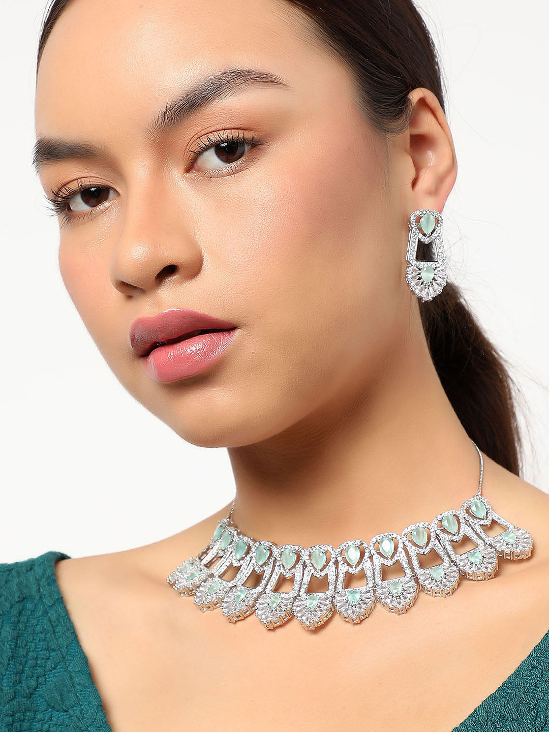 SILVER PLATED AMERICAN DIAMOND AND DESIGNER STONE NECKLACE AND EARRING SET