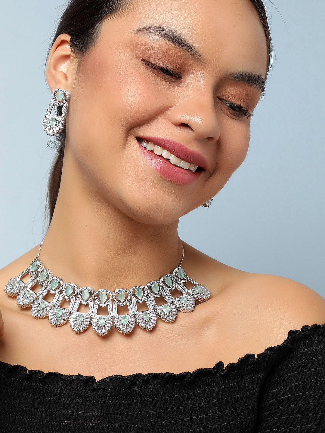 SILVER PLATED AMERICAN DIAMOND AND DESIGNER STONE NECKLACE AND EARRING SET
