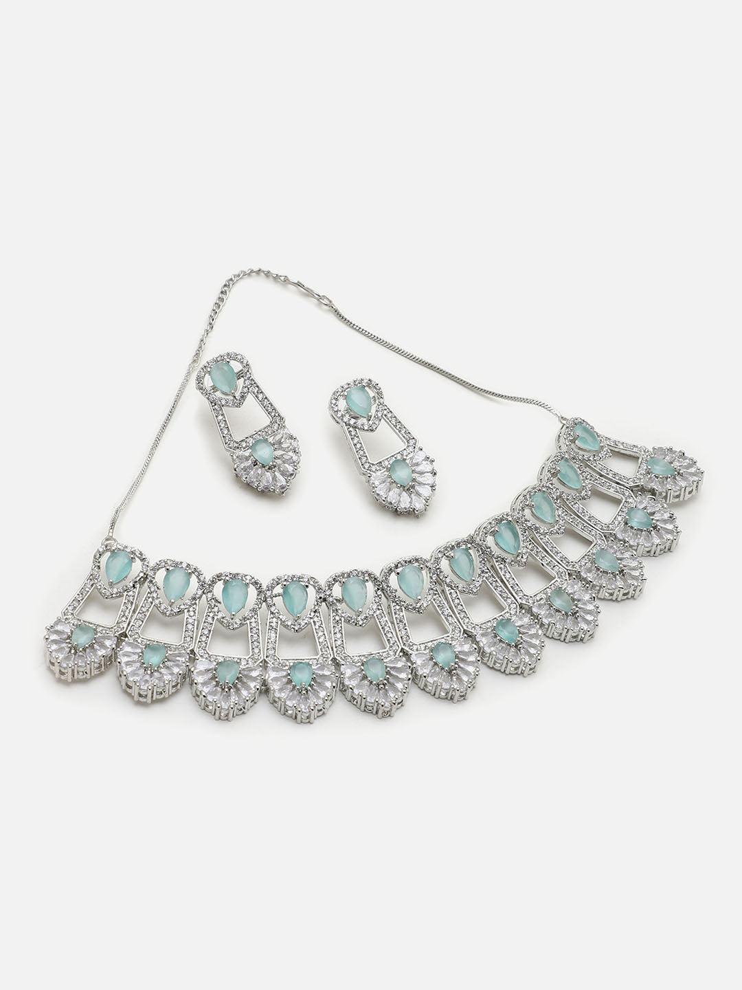 SILVER PLATED AMERICAN DIAMOND AND DESIGNER STONE NECKLACE AND EARRING SET