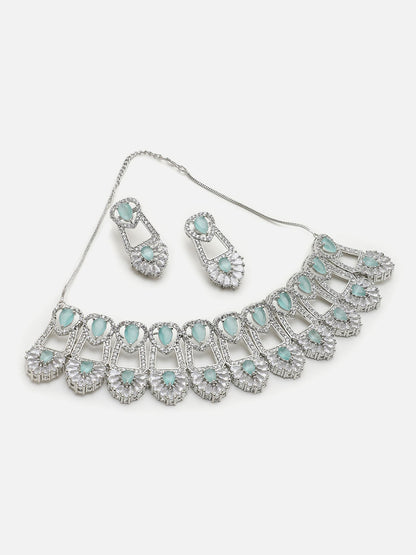 SILVER PLATED AMERICAN DIAMOND AND DESIGNER STONE NECKLACE AND EARRING SET