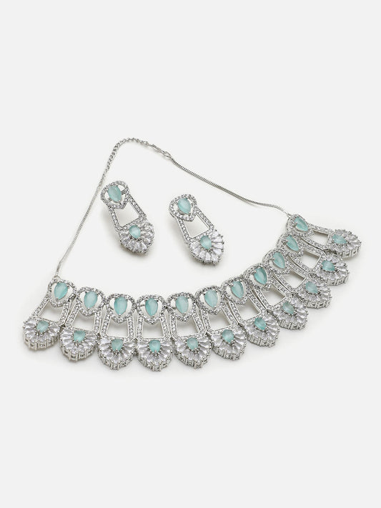 SILVER PLATED AMERICAN DIAMOND AND DESIGNER STONE NECKLACE AND EARRING SET