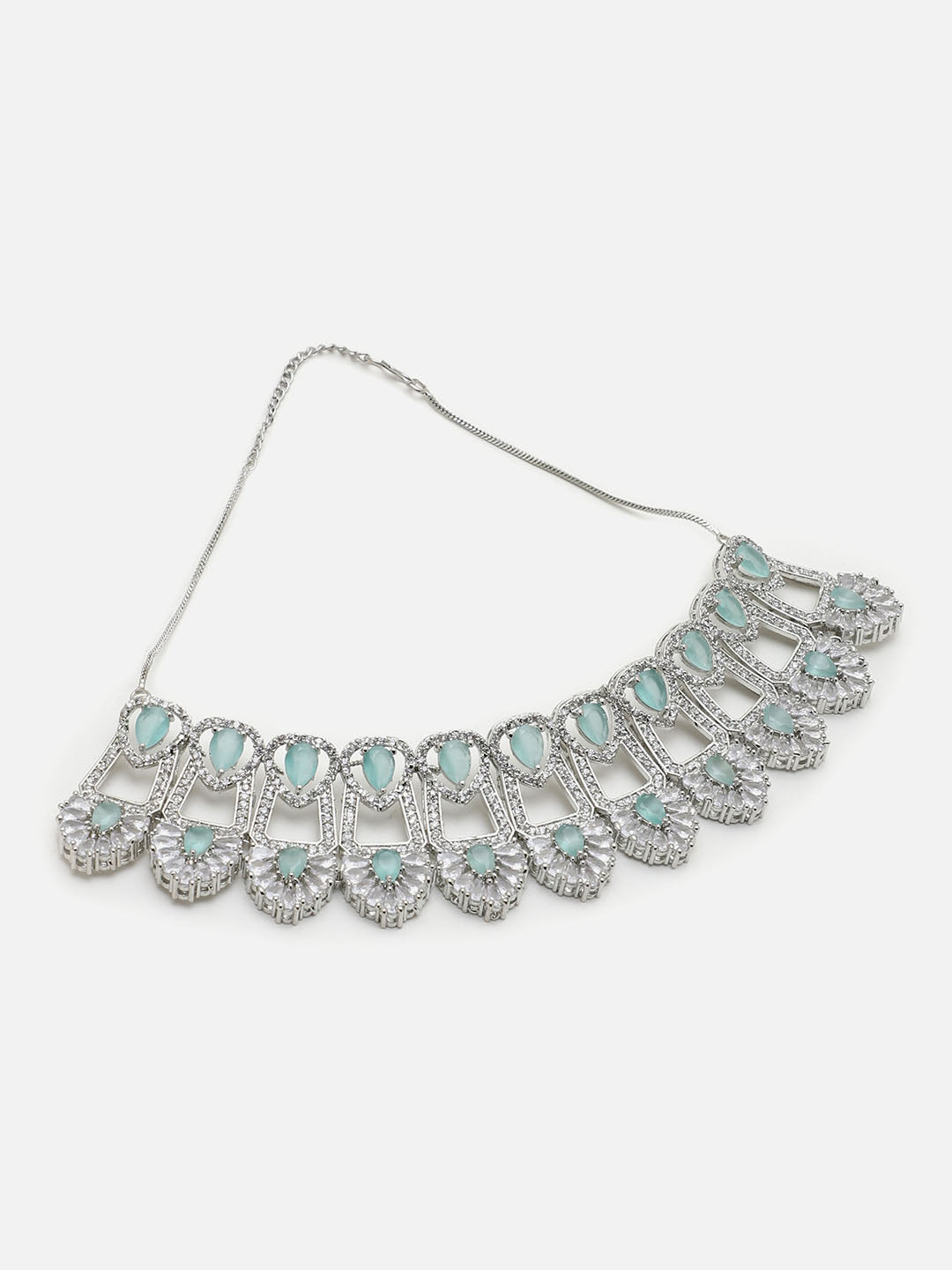 SILVER PLATED AMERICAN DIAMOND AND DESIGNER STONE NECKLACE AND EARRING SET