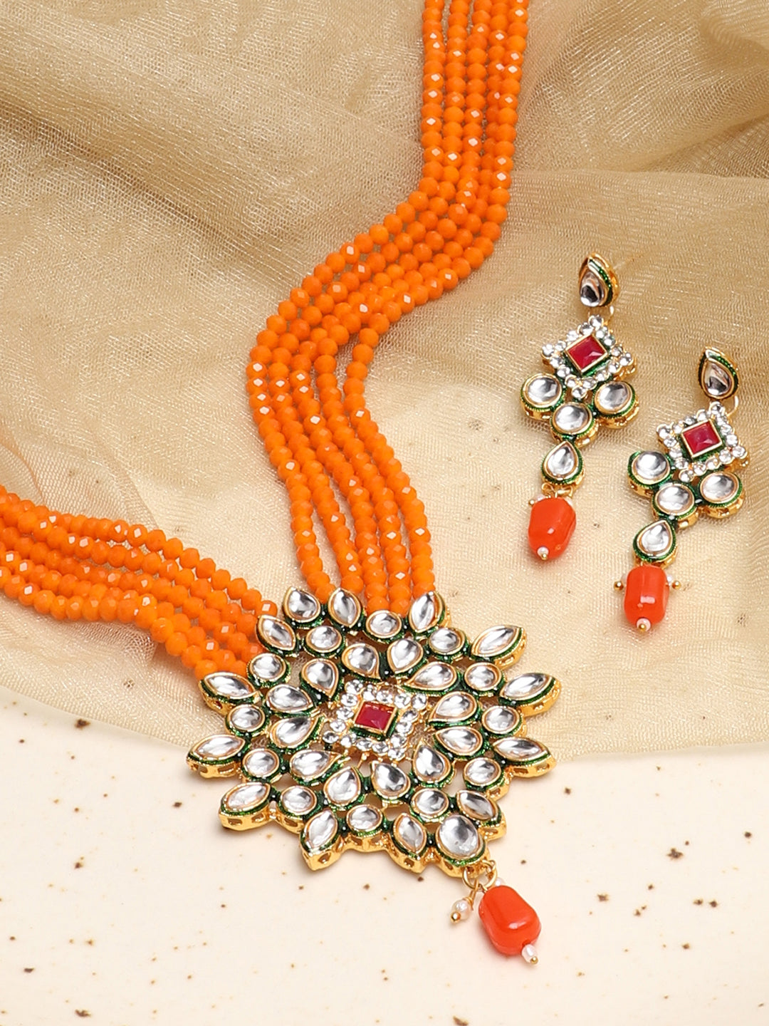 SOHI ORANGE BEADS KUNDAN JEWELLERY SET
