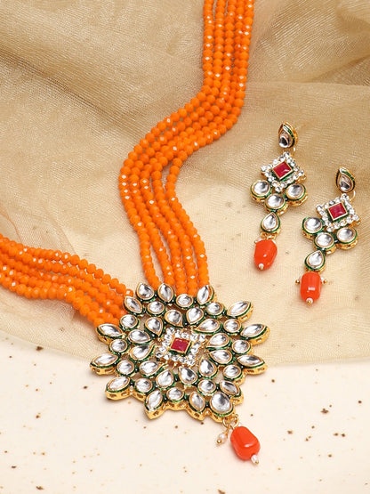 SOHI ORANGE BEADS KUNDAN JEWELLERY SET