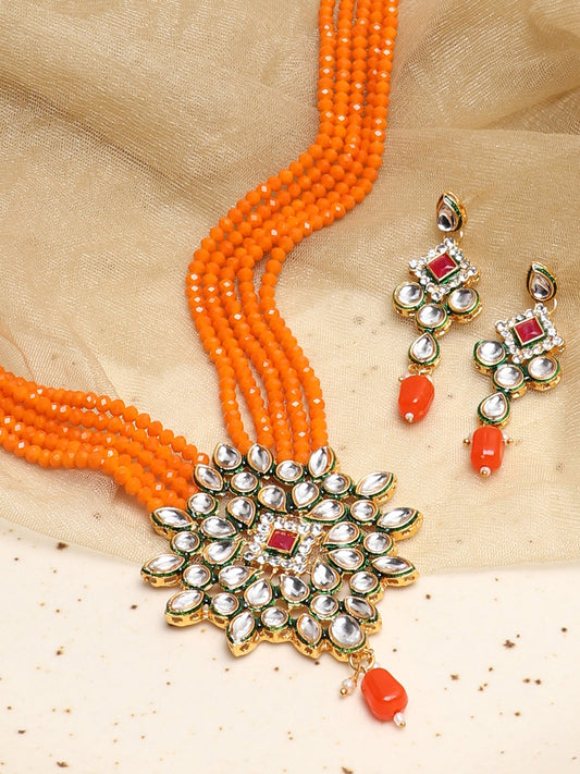 SOHI ORANGE BEADS KUNDAN JEWELLERY SET
