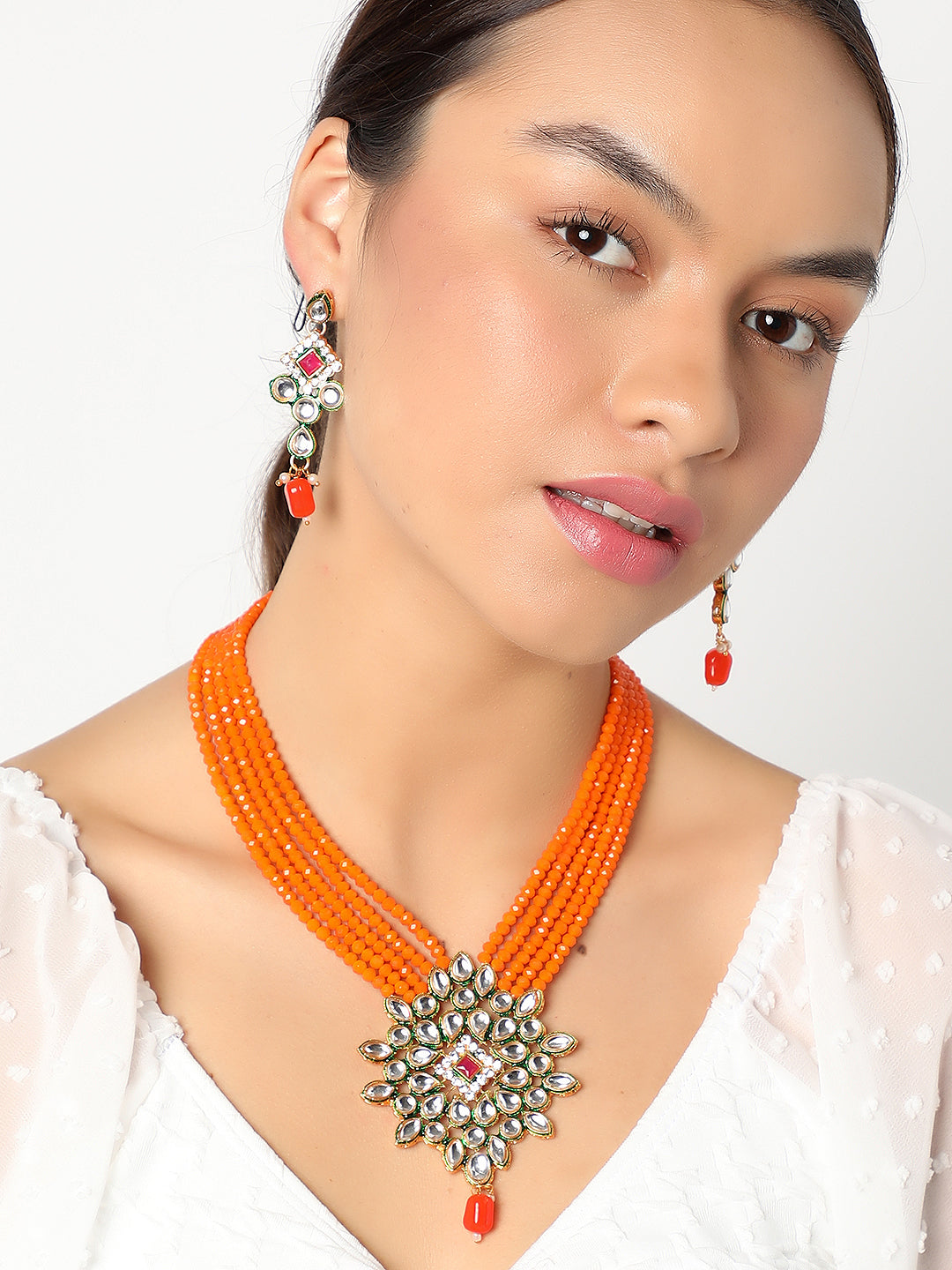 SOHI ORANGE BEADS KUNDAN JEWELLERY SET