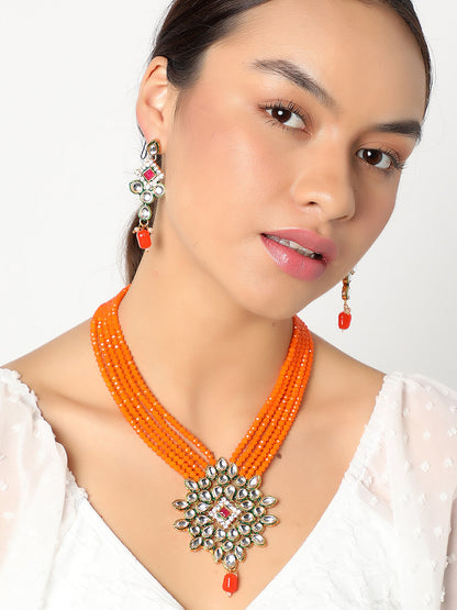 SOHI ORANGE BEADS KUNDAN JEWELLERY SET