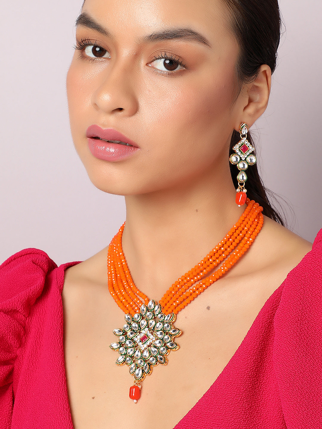 SOHI ORANGE BEADS KUNDAN JEWELLERY SET