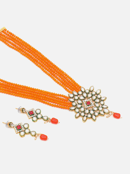 SOHI ORANGE BEADS KUNDAN JEWELLERY SET