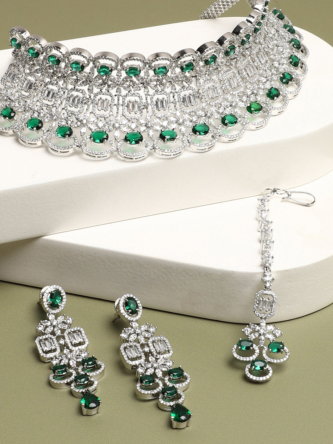 SILVER PLATED AMERICAN DIAMOND AND DESIGNER STONE NECKLACE AND EARRING SET