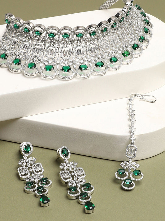 SILVER PLATED AMERICAN DIAMOND AND DESIGNER STONE NECKLACE AND EARRING SET