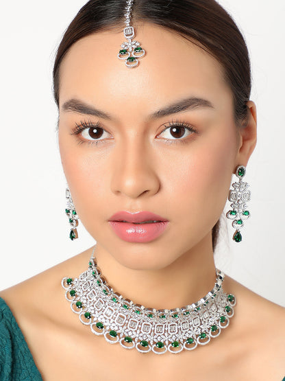 SILVER PLATED AMERICAN DIAMOND AND DESIGNER STONE NECKLACE AND EARRING SET